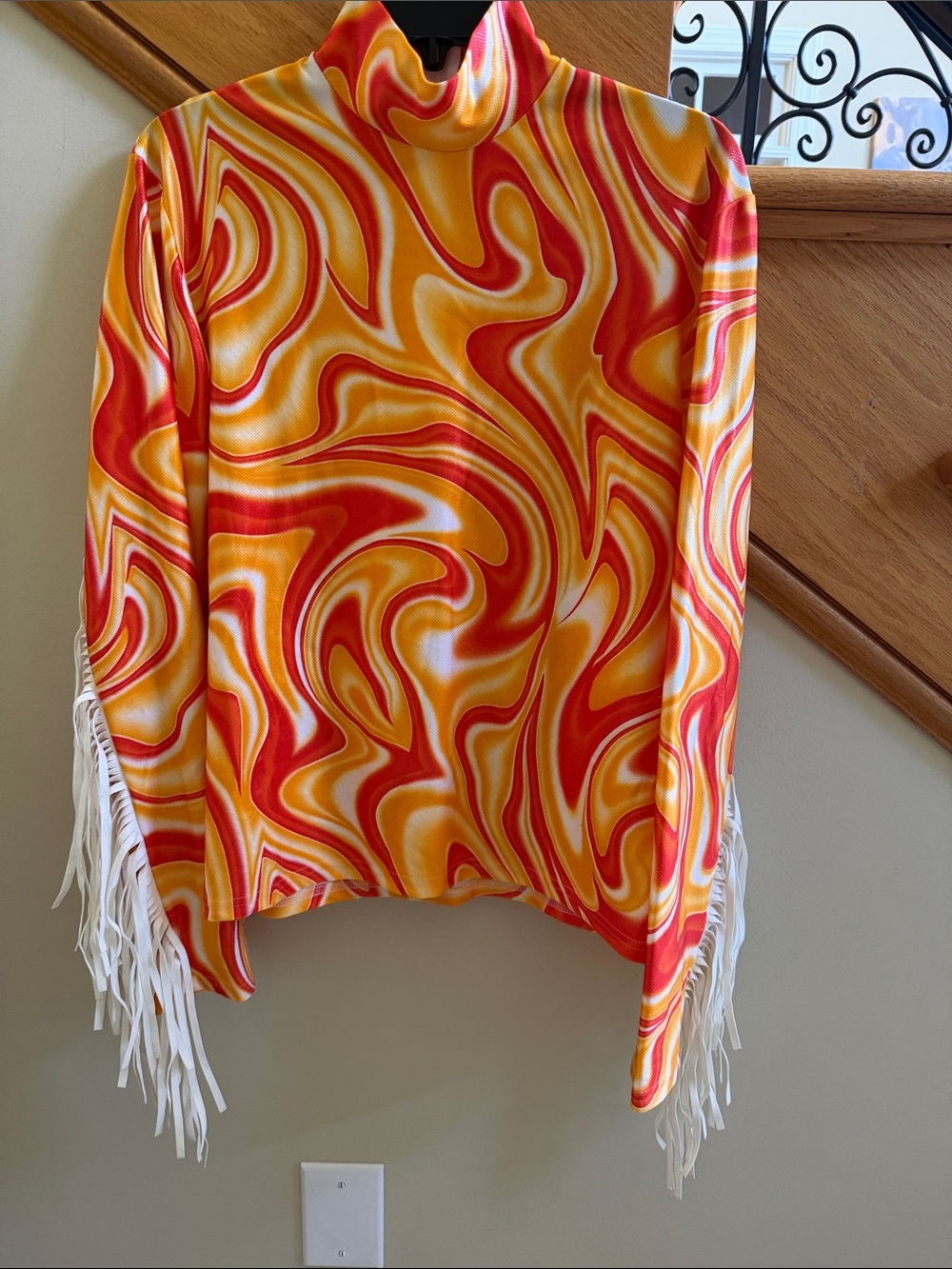 Hobby Horse Women’s Swirl Print Fringe shirt with Sleeve Fringe in Red & Yellow